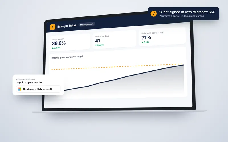 Laptop in 3D showing a client-branded results portal with KPIs, a margin trend and a Microsoft sign-in card